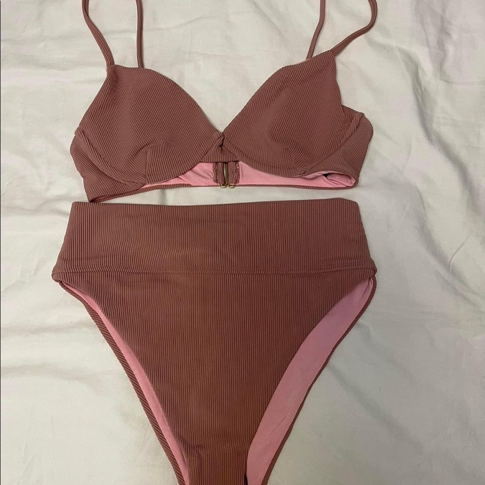 Brand New high waist ribbed bikini by beach riot -mauve